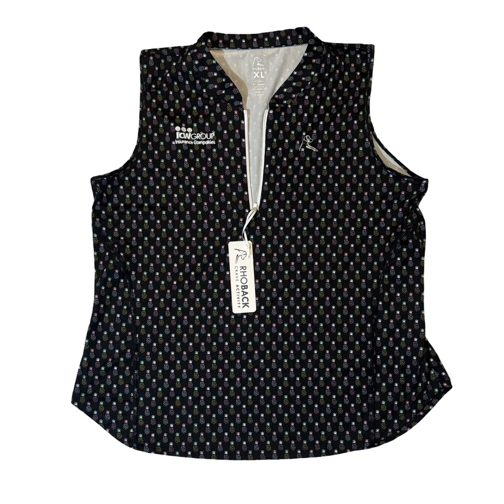 NEW Rhoback womens XL black pineapple pattern zip up pullover golf top NWT